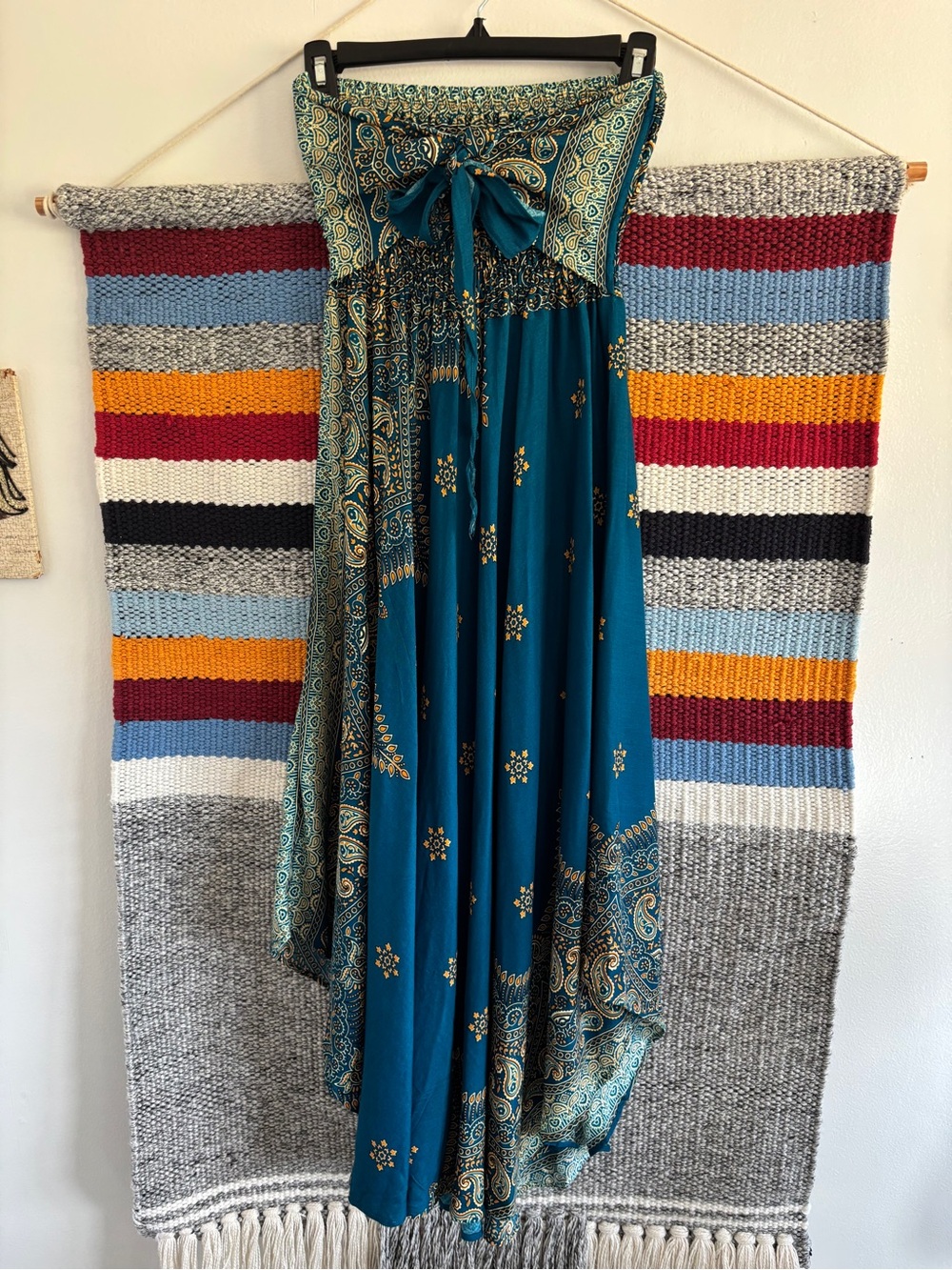 Strapless Boho Teal Paisley Midi Dress